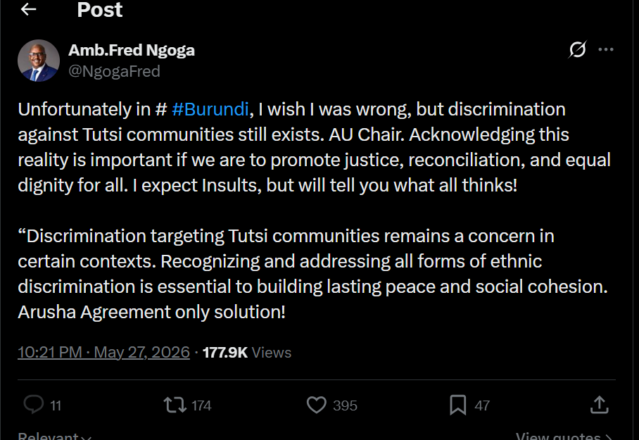 Amb Fred Ngoga's X post
